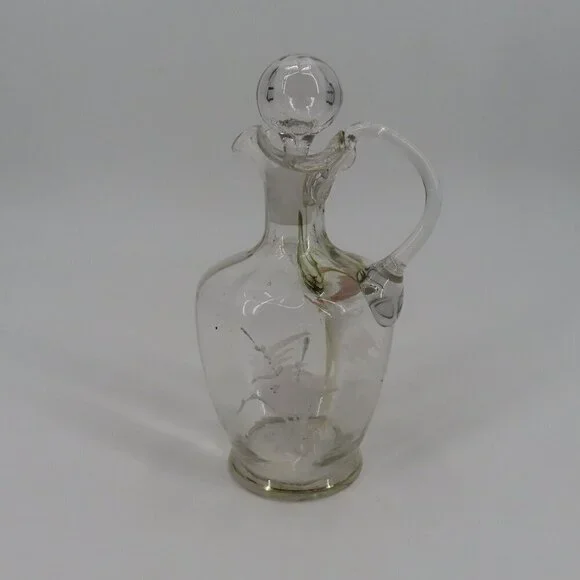 Antique Hand Blown Glass Vinegar Decanter Painted Angel Child Cruet Stopper VTG